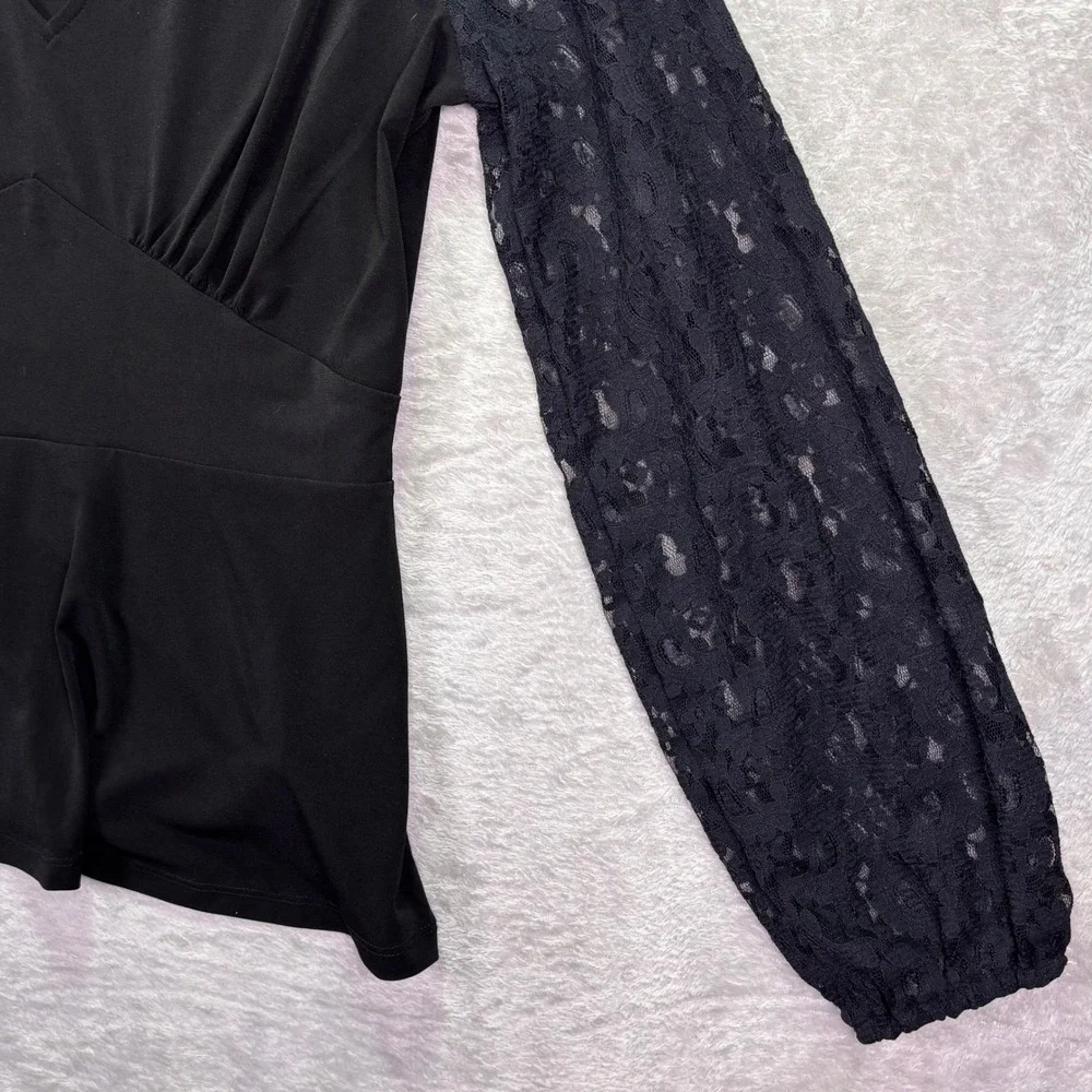 Michael‎ Kors Womens Peplum Top Size M Black Lace Balloon Sleeve V-Neck